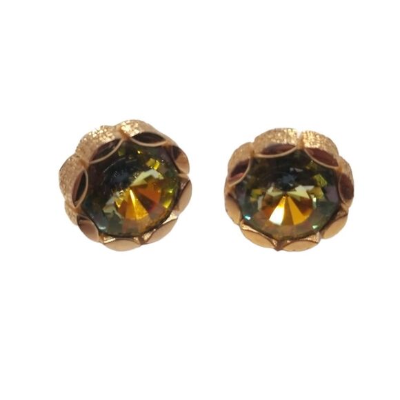 {Hickok} 1960s Mens Vintage Retro Gold Tone Floral Green Gemstone Cuff Links - Picture 6 of 13